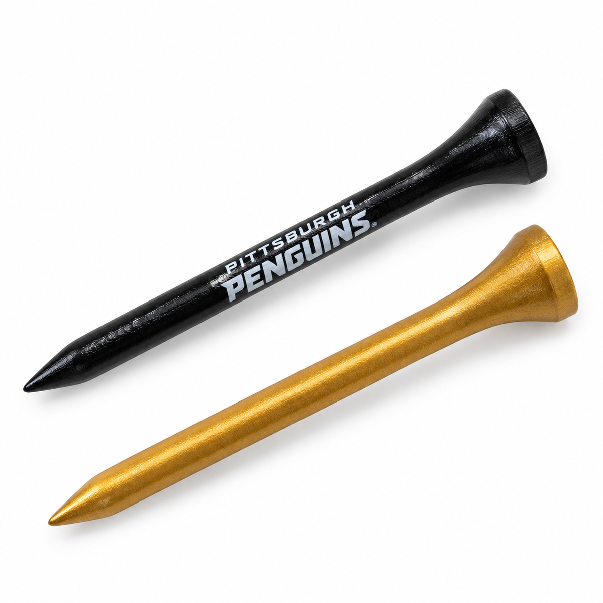 Pittsburgh Penguins golf tees in black and metallic gold, with the gold tee shown from the reverse side.