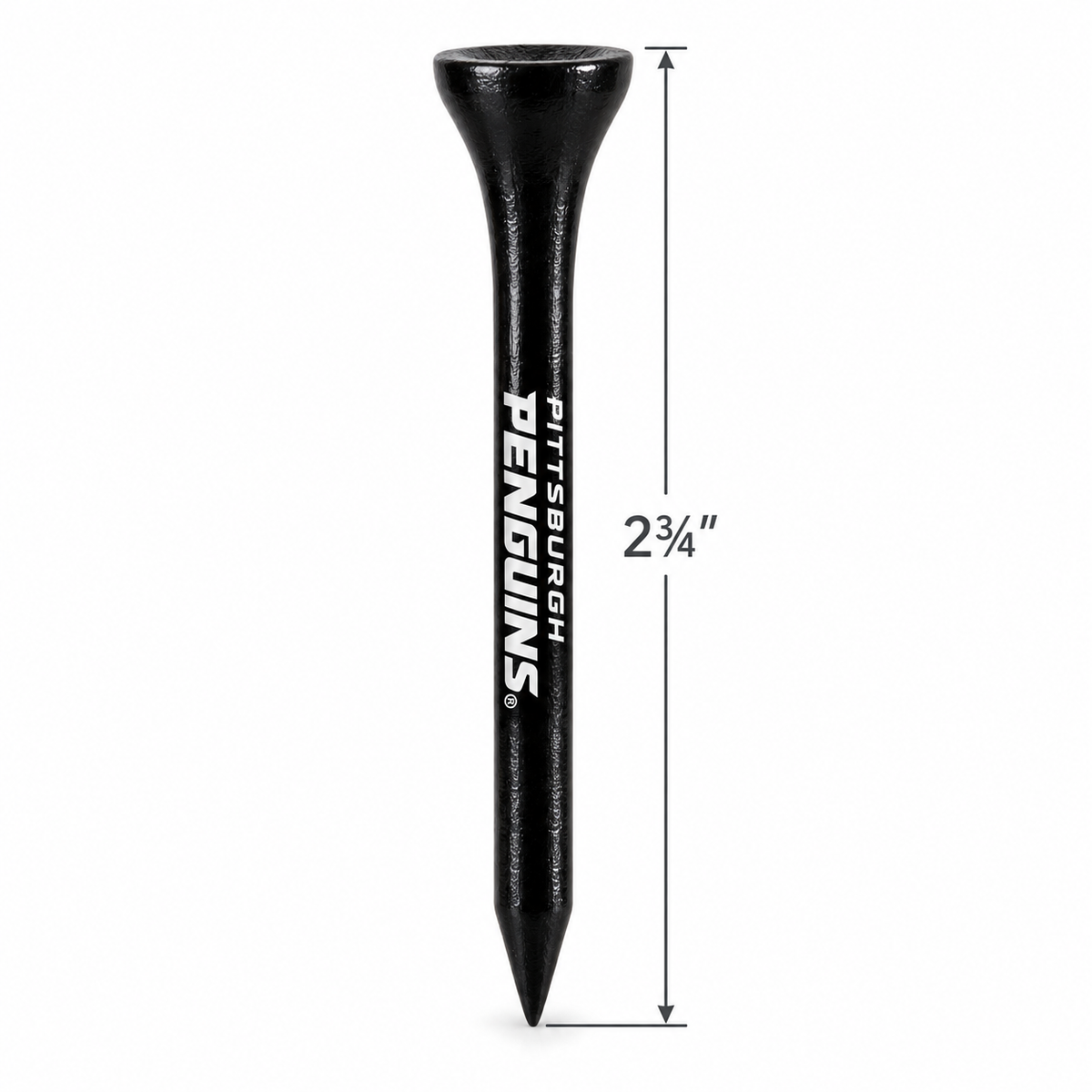 Black Pittsburgh Penguins golf tee with a 2¾-inch height measurement.