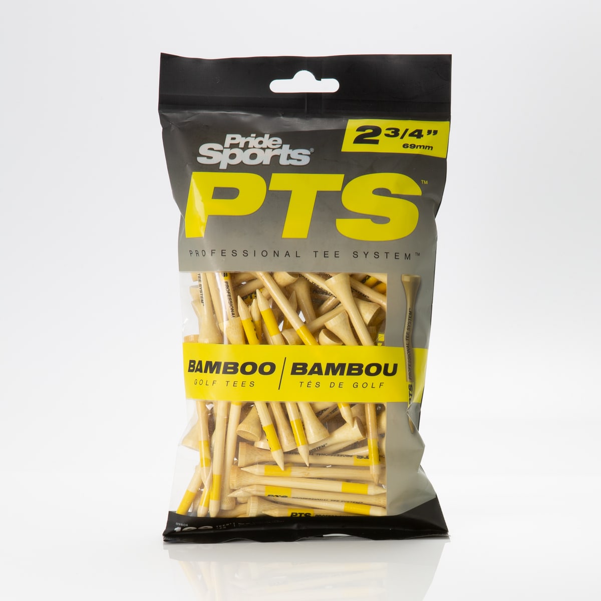 Pride PTS 2¾-inch bamboo golf tees, natural with yellow markings, in a 100-count retail bag