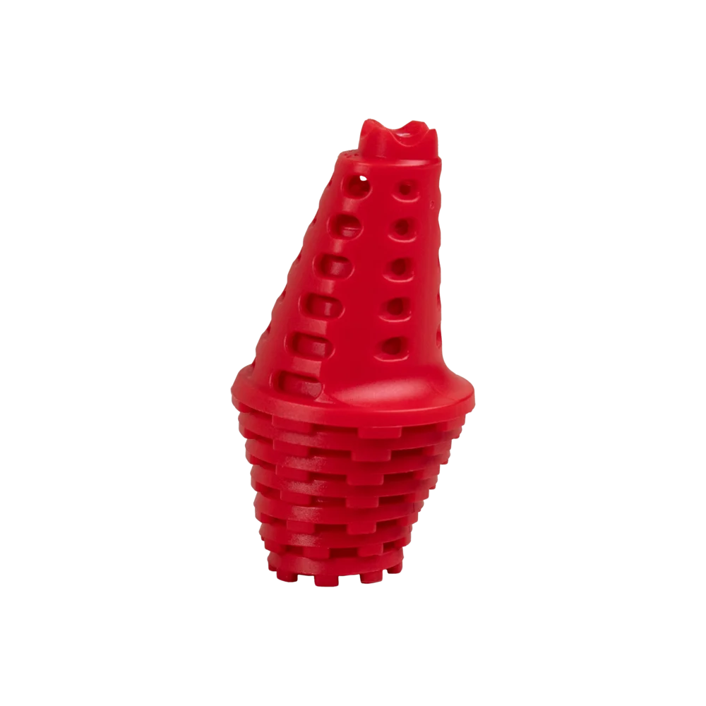 Close-up of stacked red simulator golf tees showing telescoping ring design.