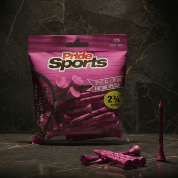 Pink PrideSports golf tees package with paint-splatter design on dark stone background, accompanied by scattered pink tees and the tagline 'Elevate Your Game'