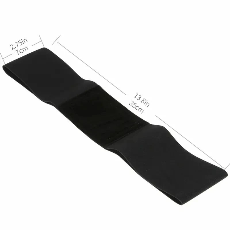 Black elastic golf swing trainer arm band displayed flat with dimensions labeled 2.75 in (7 cm) wide and 13.8 in (35 cm) long.