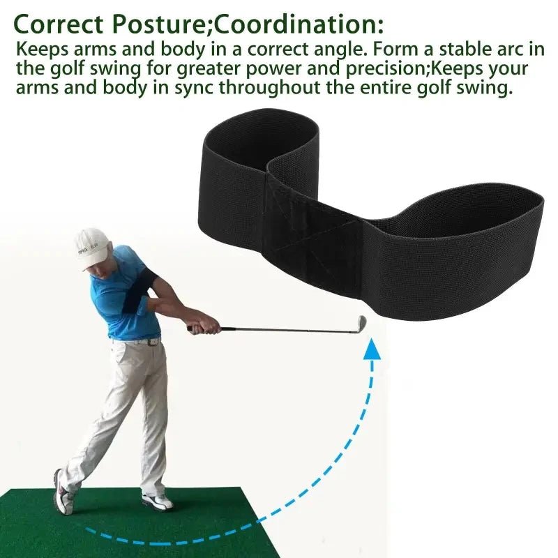 Black elastic golf swing trainer band with demonstration of correct posture and coordination, featuring a golfer swinging and a curved arrow illustrating swing path.