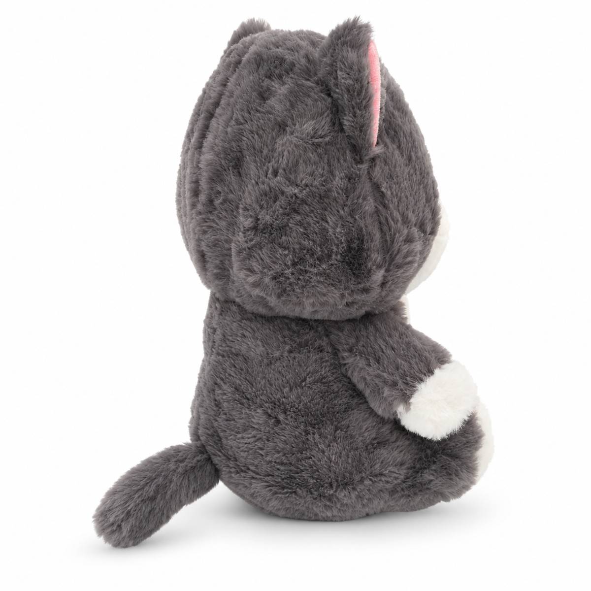 Rear view of gray plush cat driver headcover showing tail
