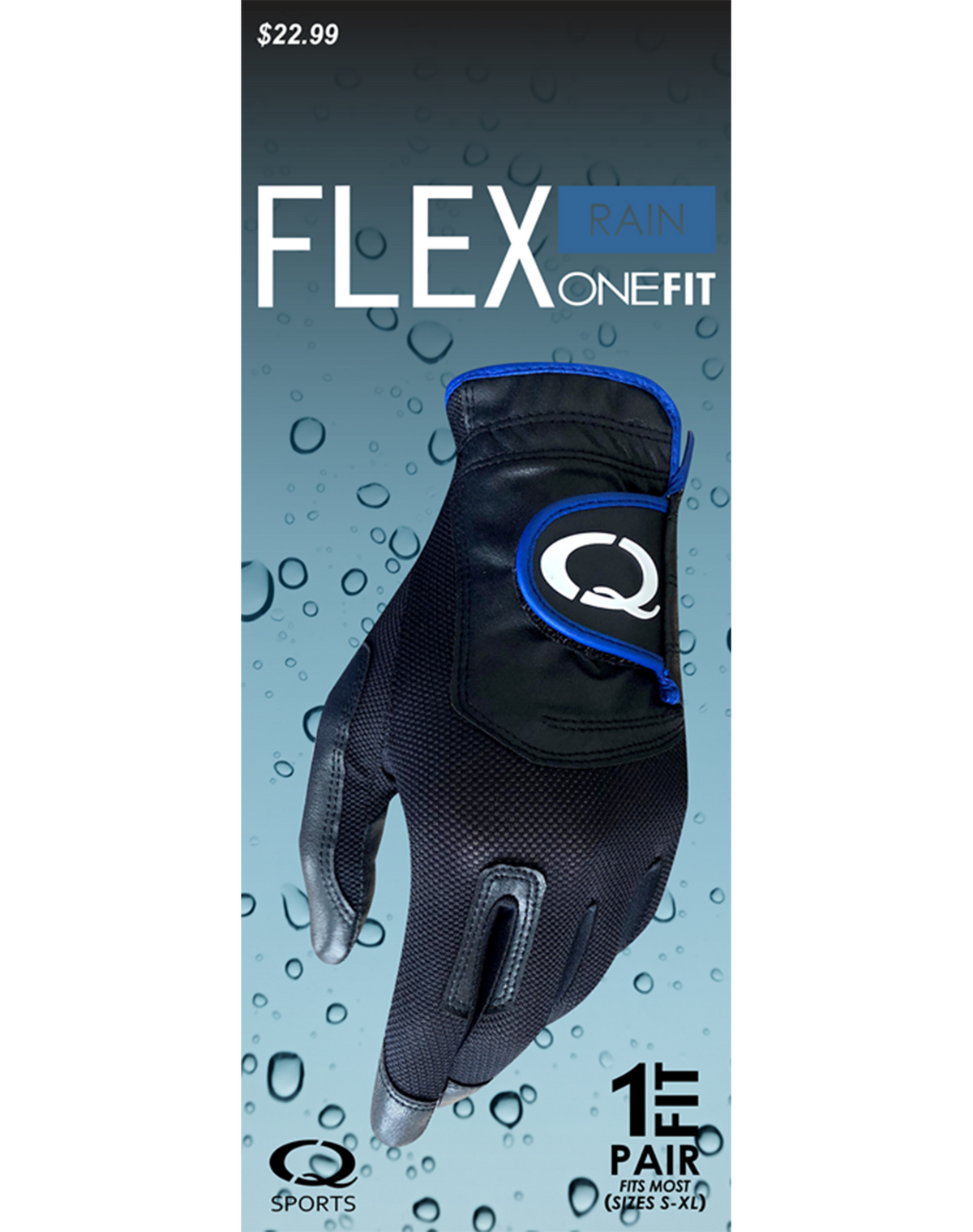 Q Sports FLEX OneFit rain golf gloves, black with blue trim, sold as a pair