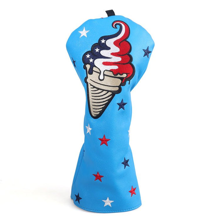 Golf club head cover with ice cream cone and star design on a blue background