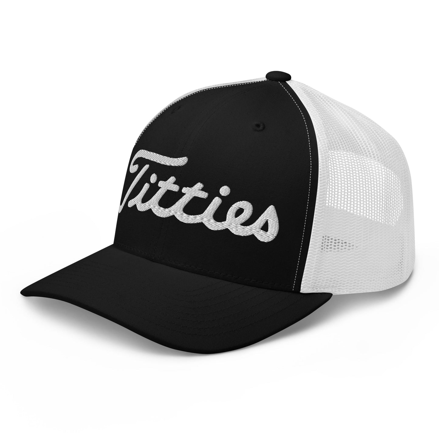 Black and white cap with 'Titties' text on a white background