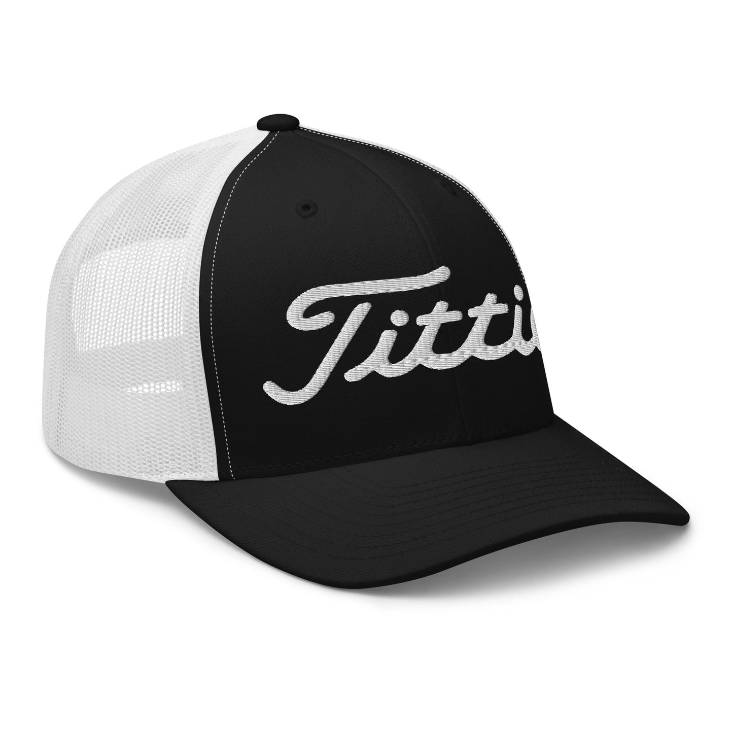 Black and white cap with 'Titti' logo on a white background
