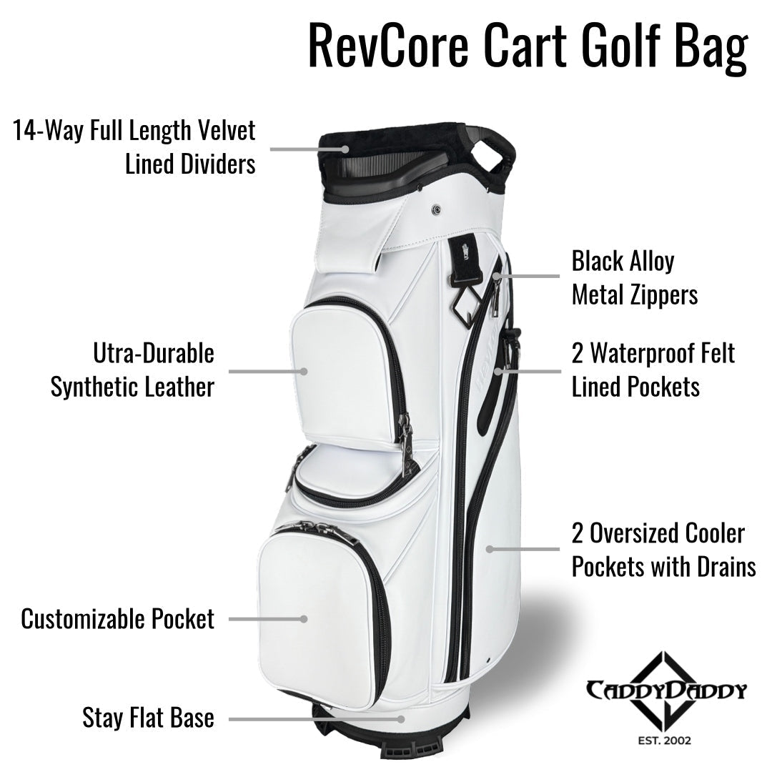 RevCore Lux Golf Cart Bag | 14 Way Velvet Lined Dividers - Winter White - Club Rehab