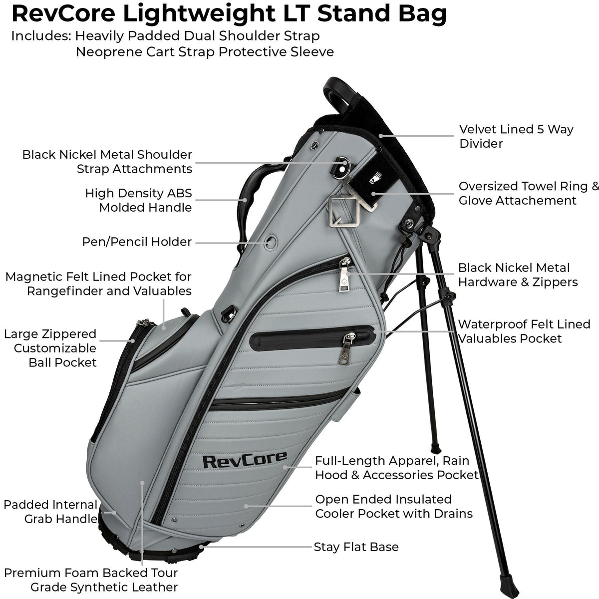 RevCore Lux LT Lightweight Stand Bag | 5 Way Velvet Lined Dividers - Deep Grey - Club Rehab