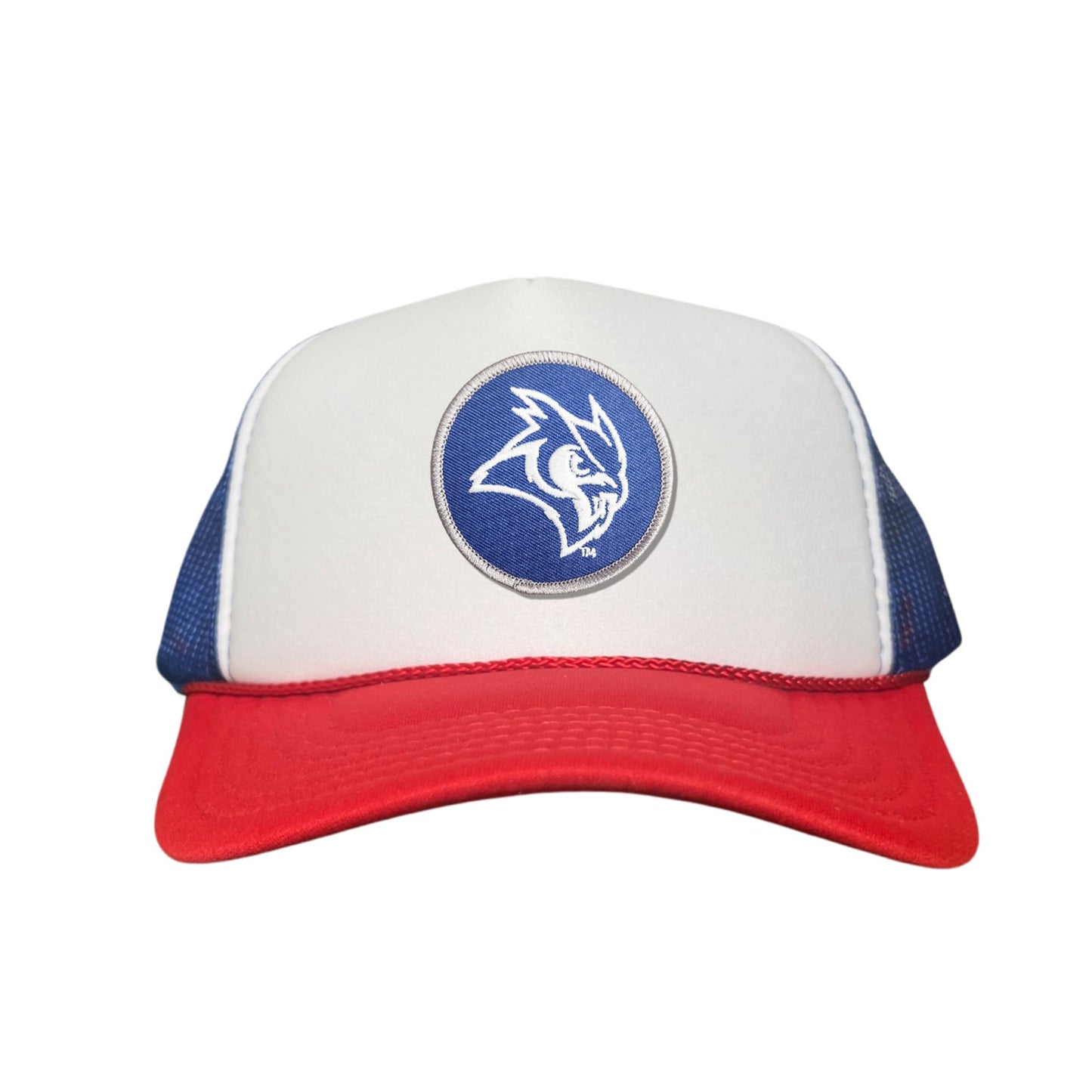 Rice Owls / Owl Head Circle Patch / Curved Bill Mesh Snap Back / 167 / Rice002 / MM - Red / White / Blue Foam Mesh Snapback - Club Rehab