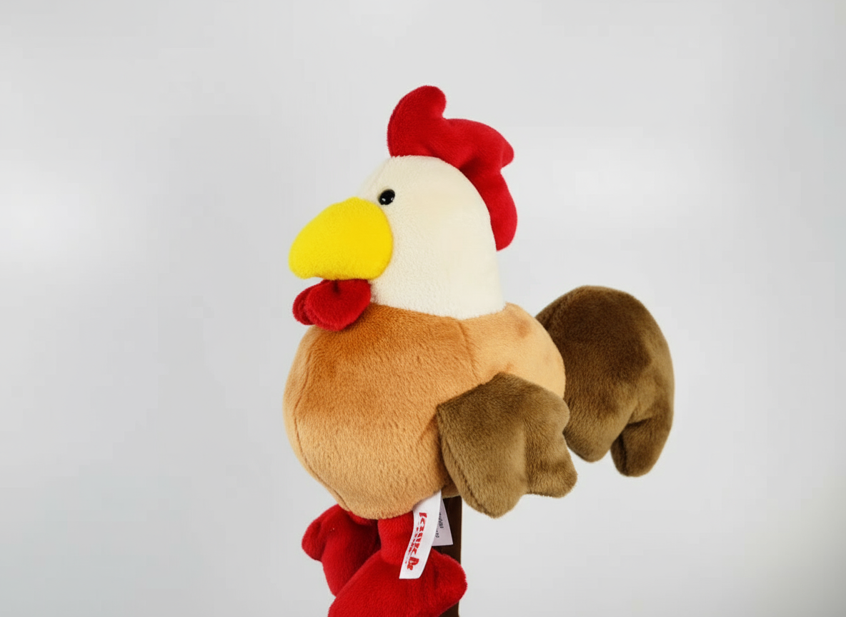 Rooster golf club headcover with red comb, yellow beak, and brown wings, side view on white background