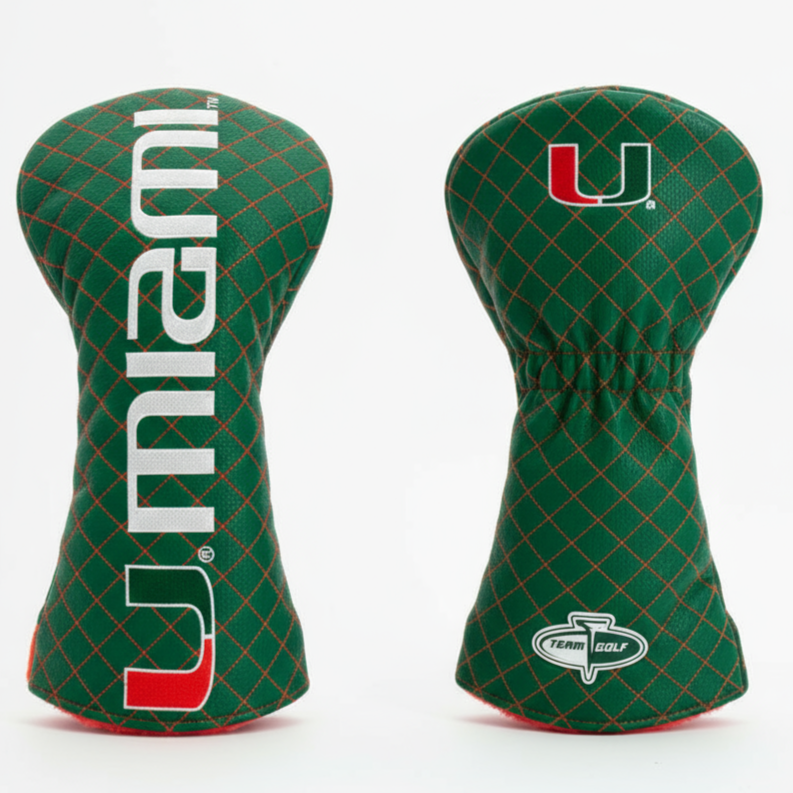 Two green golf club head covers with 'Miami' and a logo on a white background