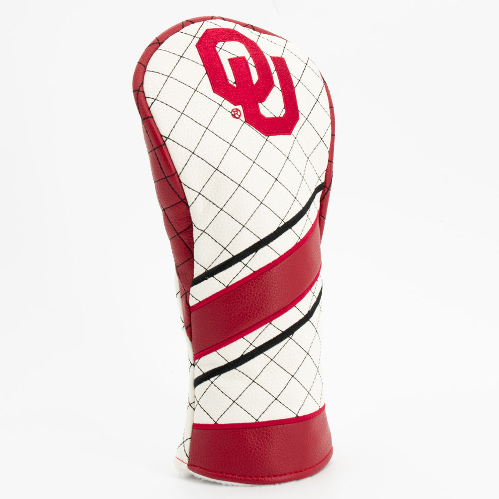 Golf club head cover with red and white design on a white background