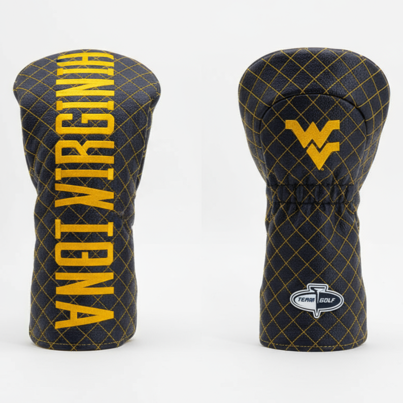 Two golf club head covers with 'West Virginia' text and logos on a white background