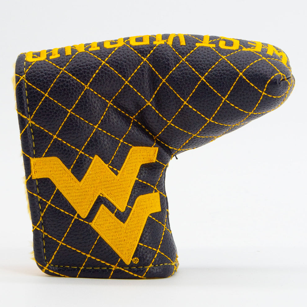 Golf club head cover with yellow and black design on a white background