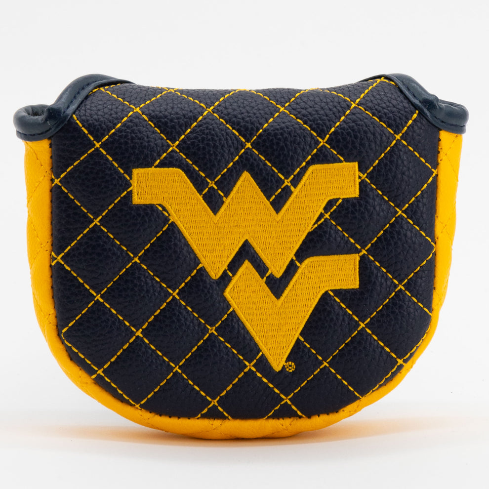 Black and yellow quilted bag with a logo on a white background