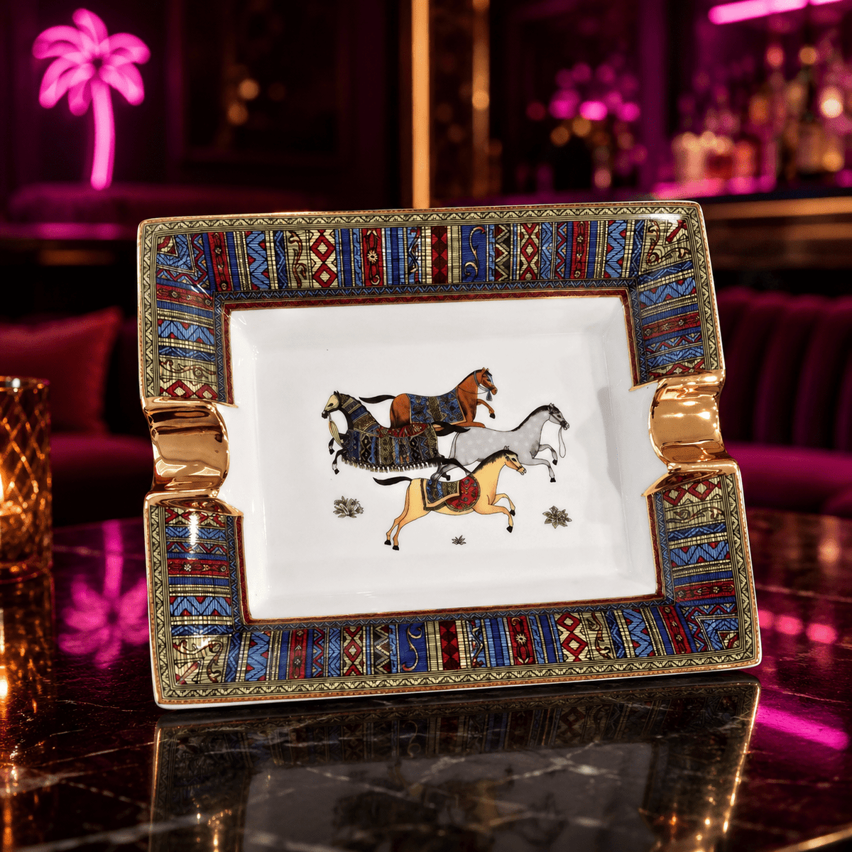 Royal Stable Ceramic Horse Ashtray Collection with Gold Accents - Rectangle White Polo Tray - Club Rehab