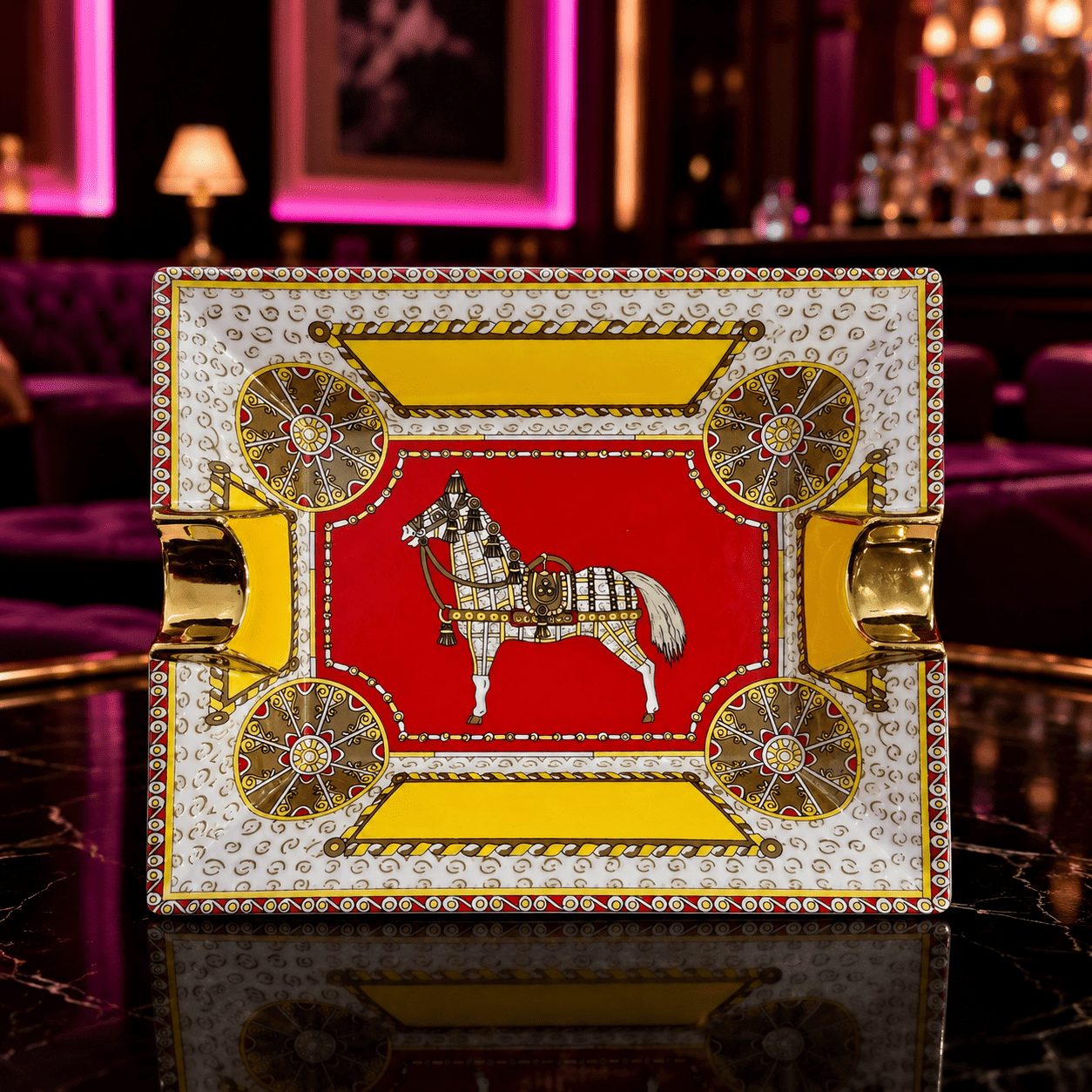 Royal Stable Ceramic Horse Ashtray Collection with Gold Accents - Red Rectangle Warhorse Tray - Club Rehab
