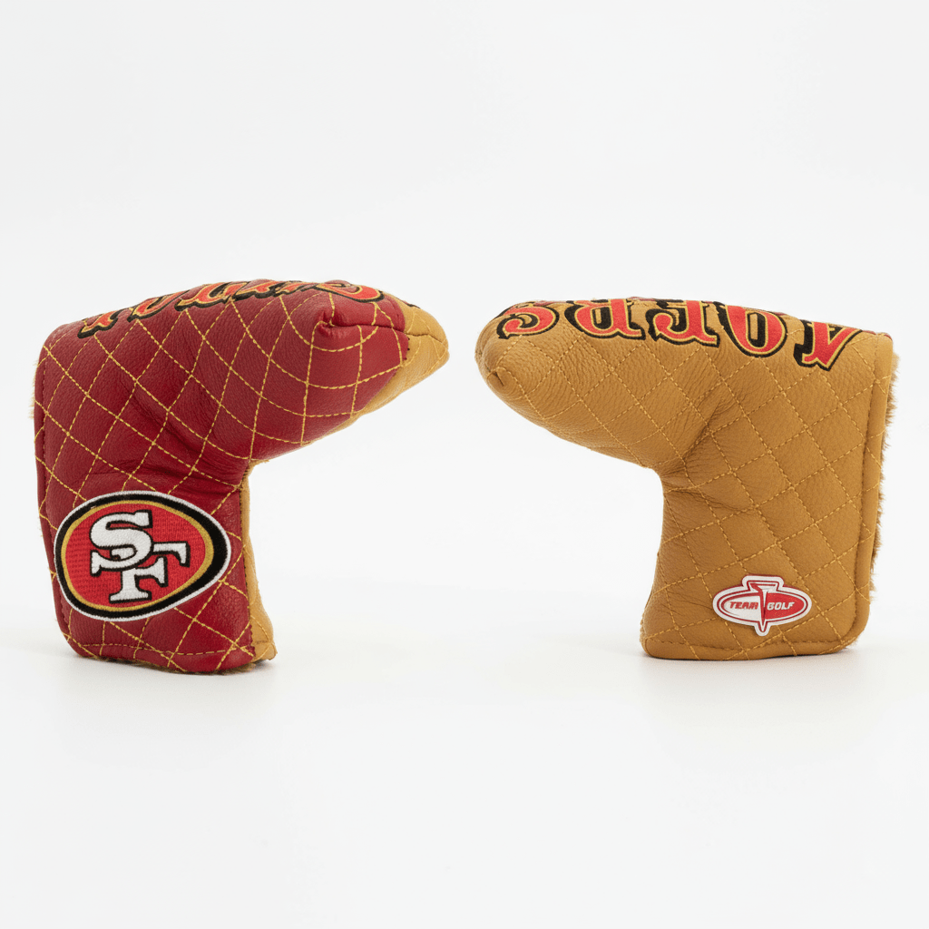 Two golf club covers, one red with a logo and one brown, on a white background.