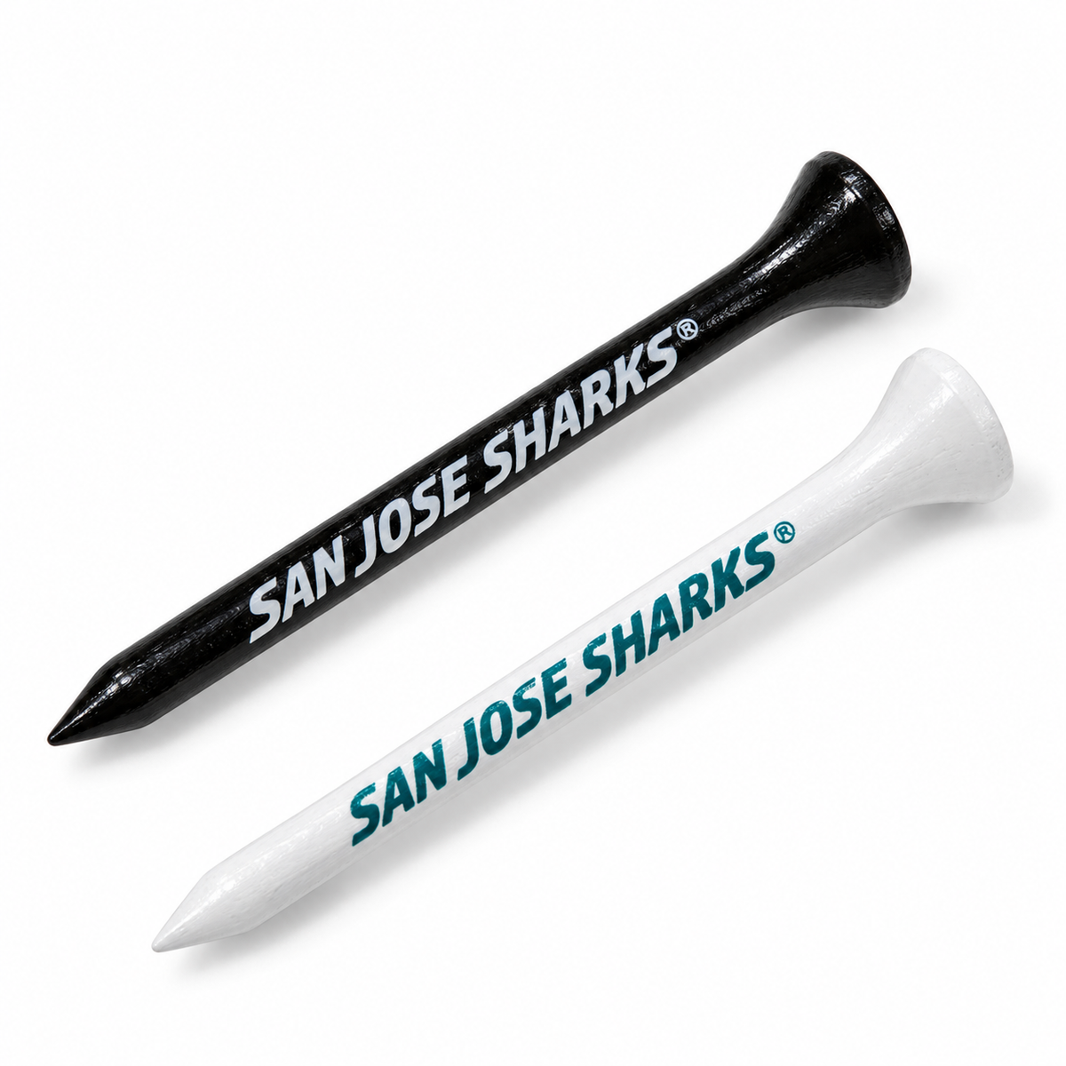 San Jose Sharks golf tees in black and white with team lettering.