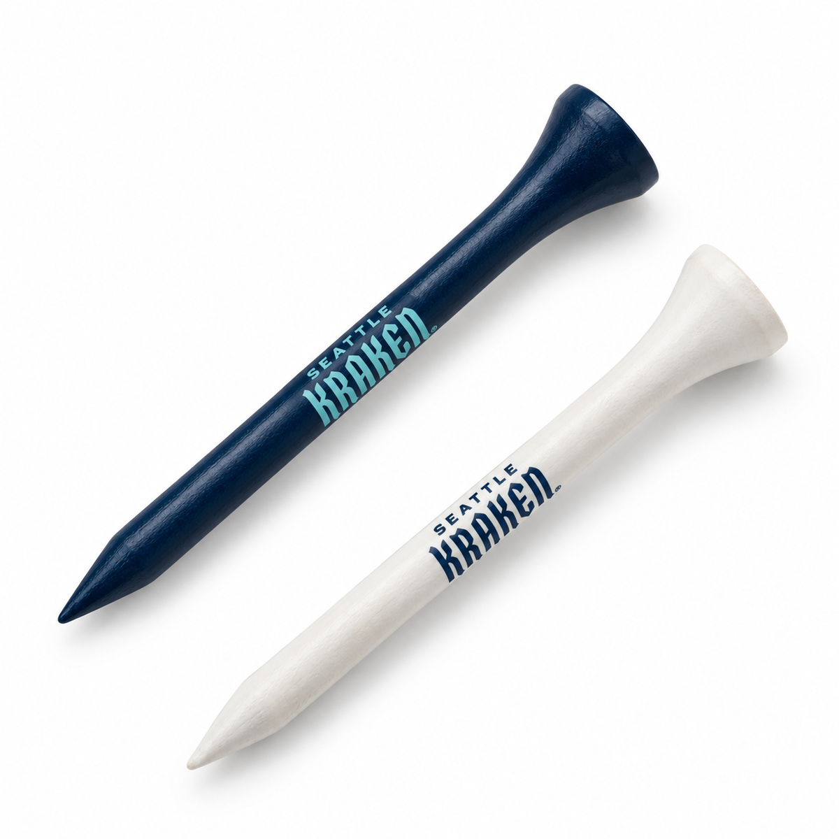 Seattle Kraken golf tees in navy and white with team lettering.
