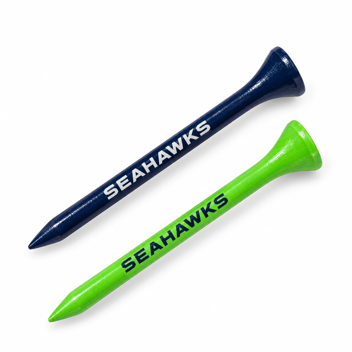 Seattle Seahawks golf tees in navy and green with team lettering.