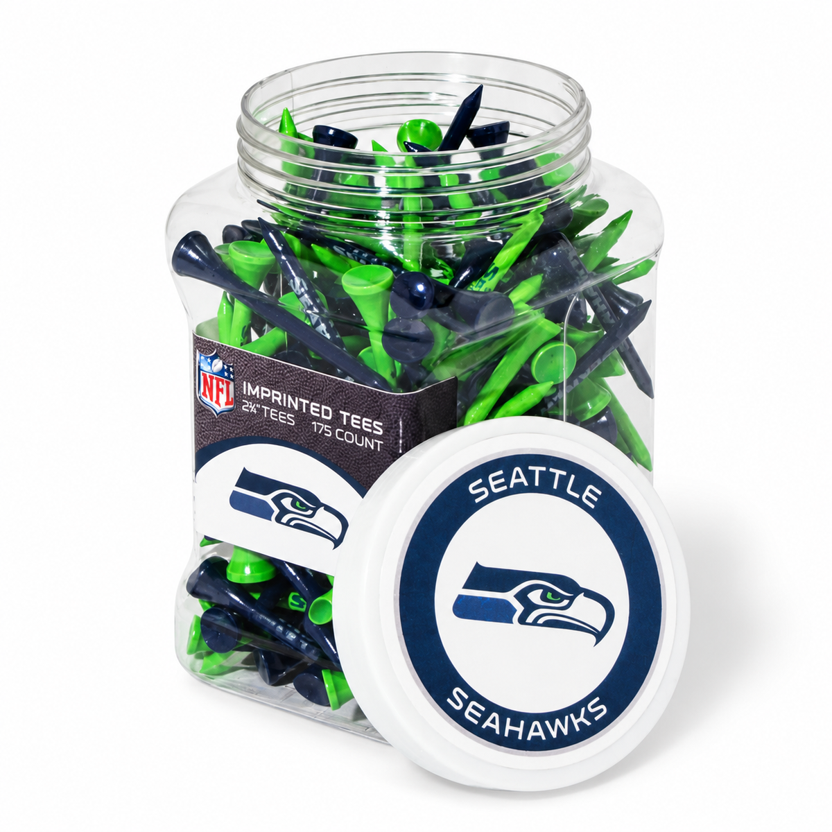 Close-up of the Seattle Seahawks 175-count tee jar and separate lid.