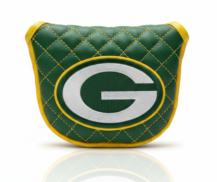 Green and yellow quilted golf club head cover with a logo on a white background