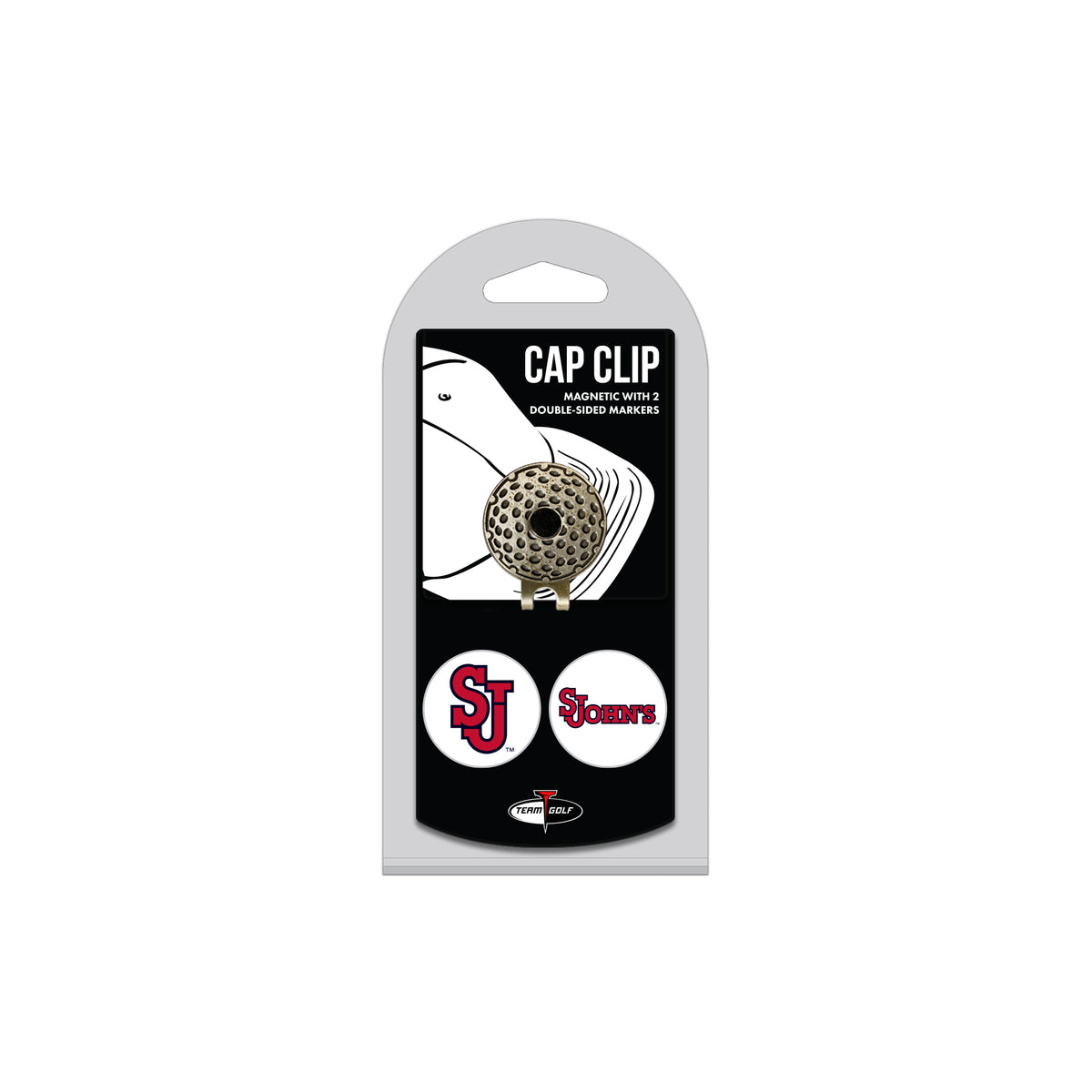St. John's Red Storm hat clip with two golf ball markers