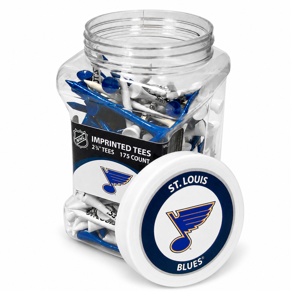 St. Louis Blues jar containing 175 2¾-inch golf tees with its separate team-logo lid.