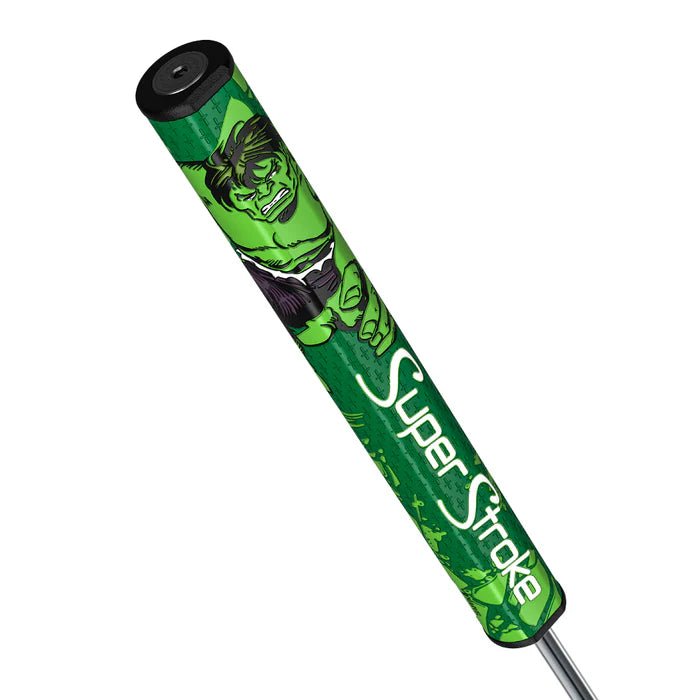 A putter grip featuring a vibrant green and black design with Hulk graphics from Marvel, and the text 'SuperStroke' on it.