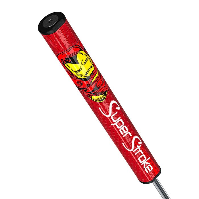 A putter grip featuring Iron Man graphics in red and gold colors with the SuperStroke brand name on it.