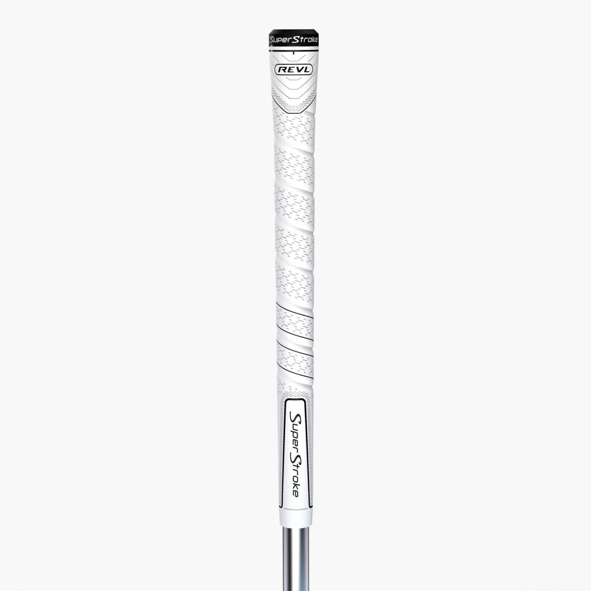 Golf club shaft with 'SuperStroke' and 'REV' branding on a white background