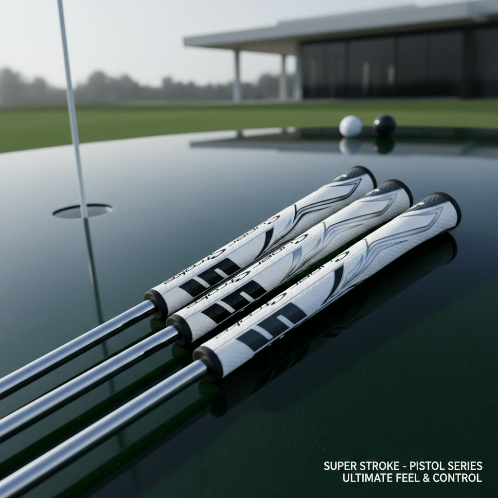 Golf clubs with white and black grips on a reflective surface, with a golf course in the background.