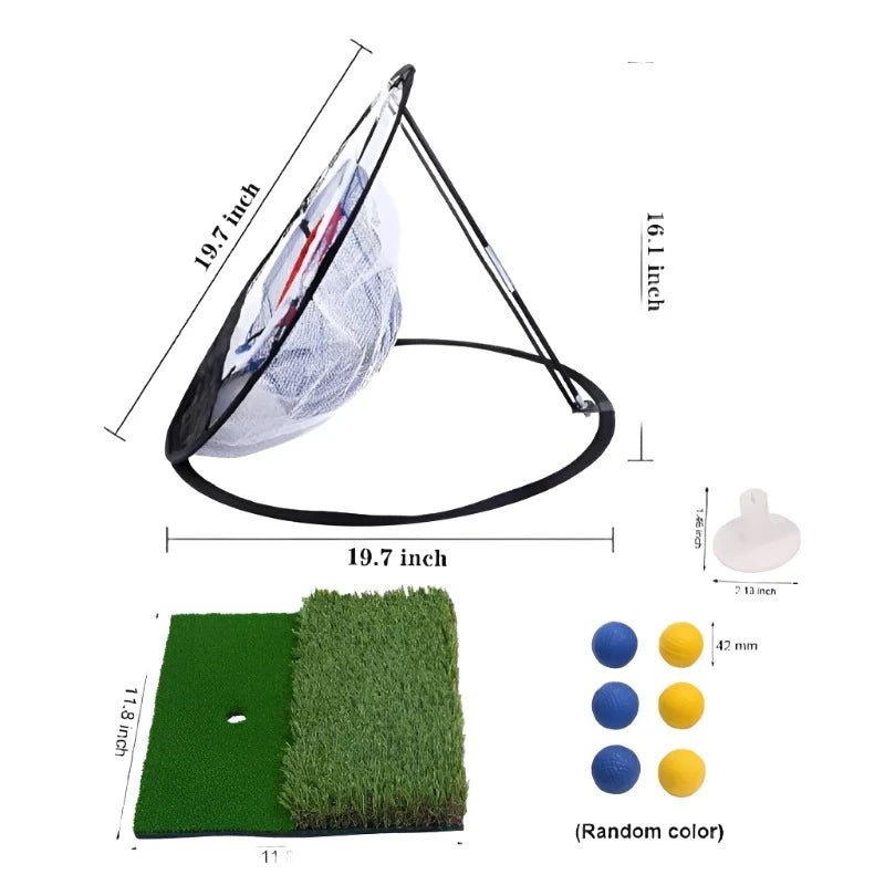 SwingFling Golf Practice Set - Club Rehab - Chipping NetA detailed golf training set featuring a side view of a black circular chipping net with three target pockets, labeled "Chipping Net," measuring 19.7 inches in diameter and 16.1 inches in height. The set includes a dual turf hitting mat (11.8 x 11.8 inches) with fairway and rough surfaces, a white rubber tee, and six foam training balls (random colors: blue and yellow). Perfect for enhancing swing and chipping skills, this set is ideal for