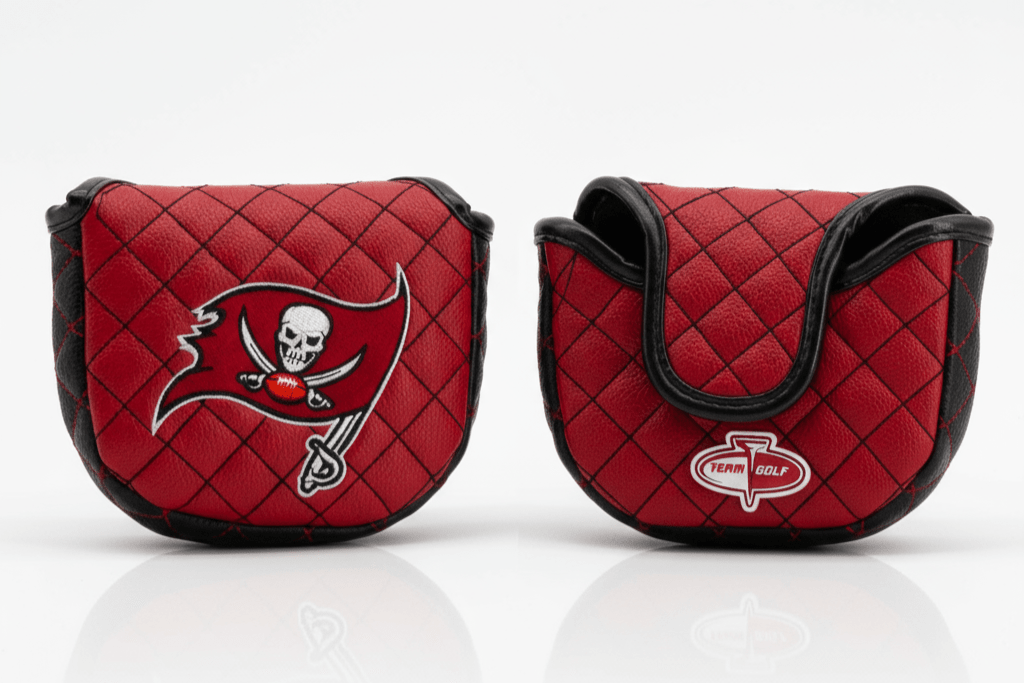 Two red quilted golf club covers with logos on a white background