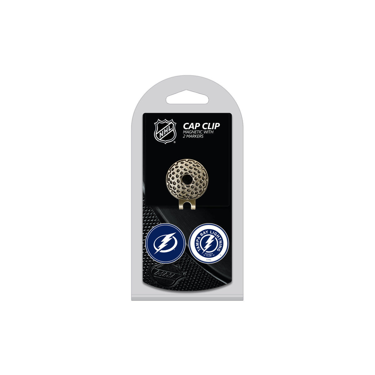 Tampa Bay Lightning hat clip with two golf ball markers