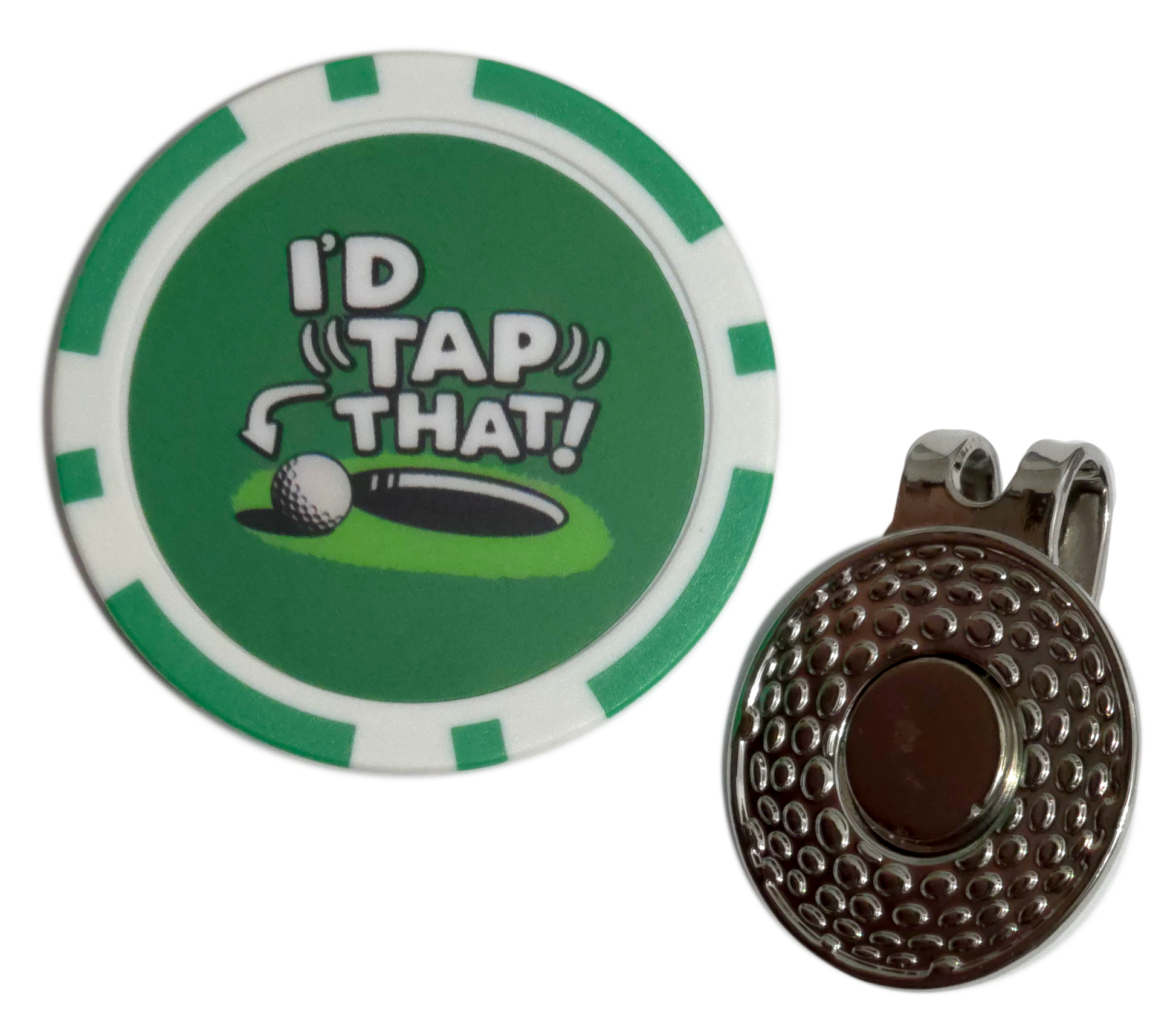 Green golf ball marker with 'I'd Tap That!' text and a metal clip on a white background