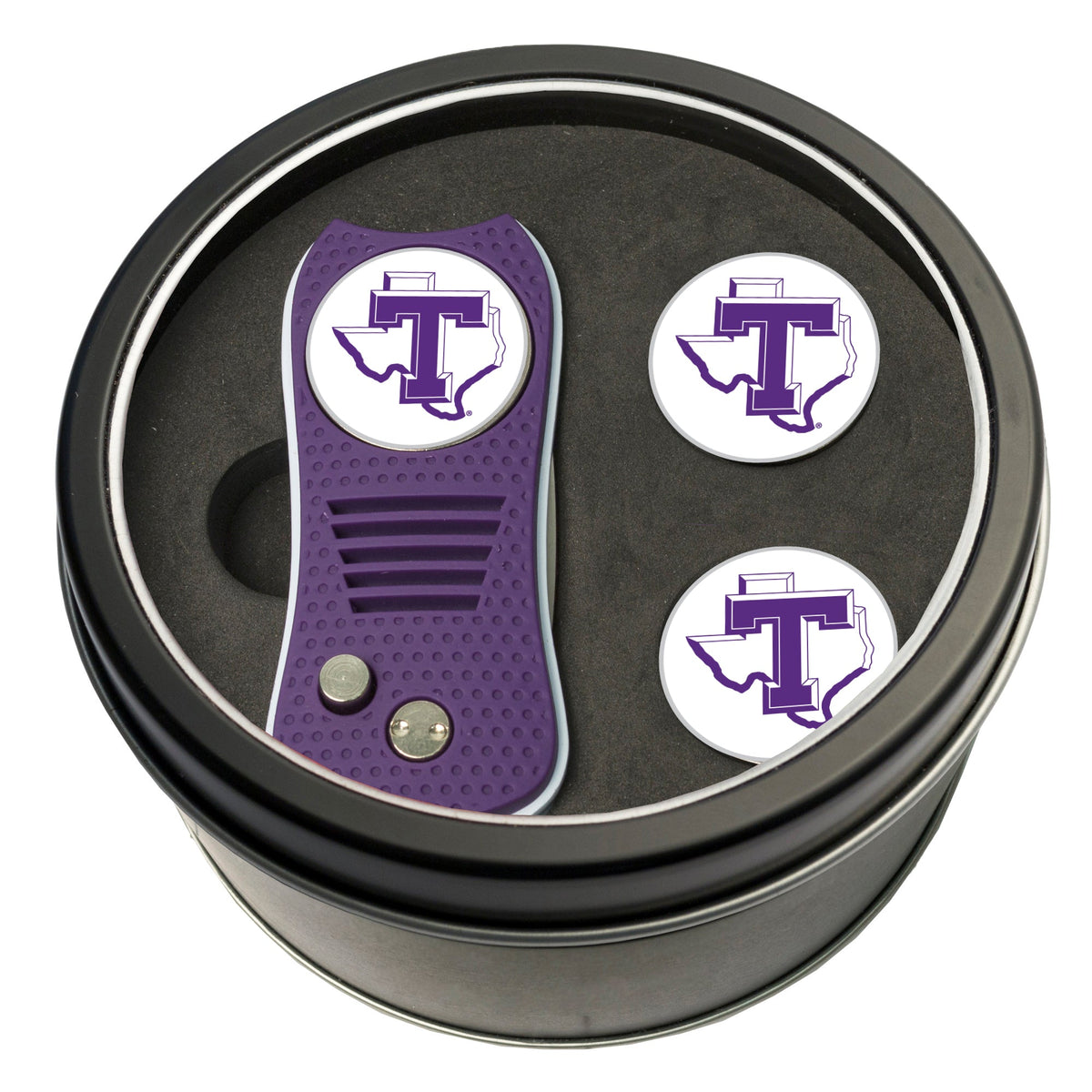 Tarleton State Switchblade divot tool and ball marker tin gift set