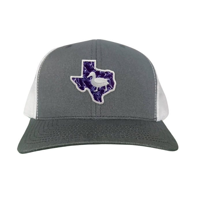 Tarleton State University State of Texas Oscar P / Hat / 177 / TAR006 / MG - Charcoal / White Curved Bill Mesh Snapback - Club Rehab