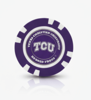 Purple and white TCU chip on a white background
