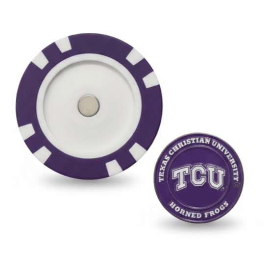 Purple and white chip with TCU logo on a white background