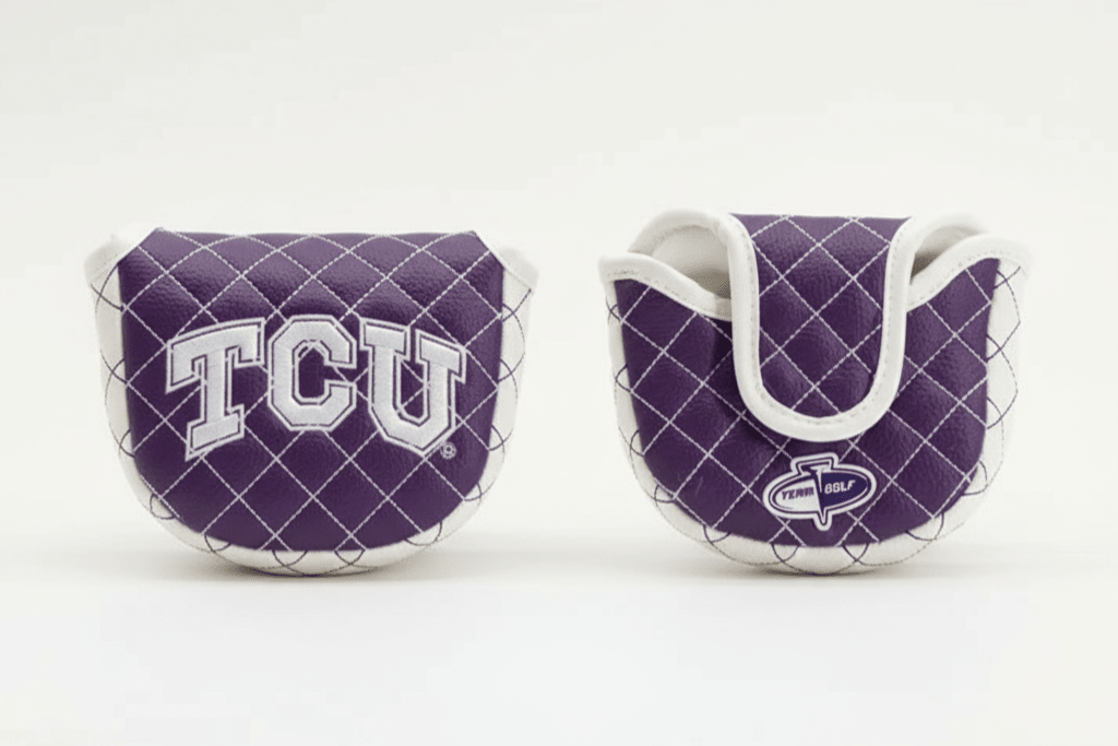 Two purple and white golf club covers with TCU logo on a white background