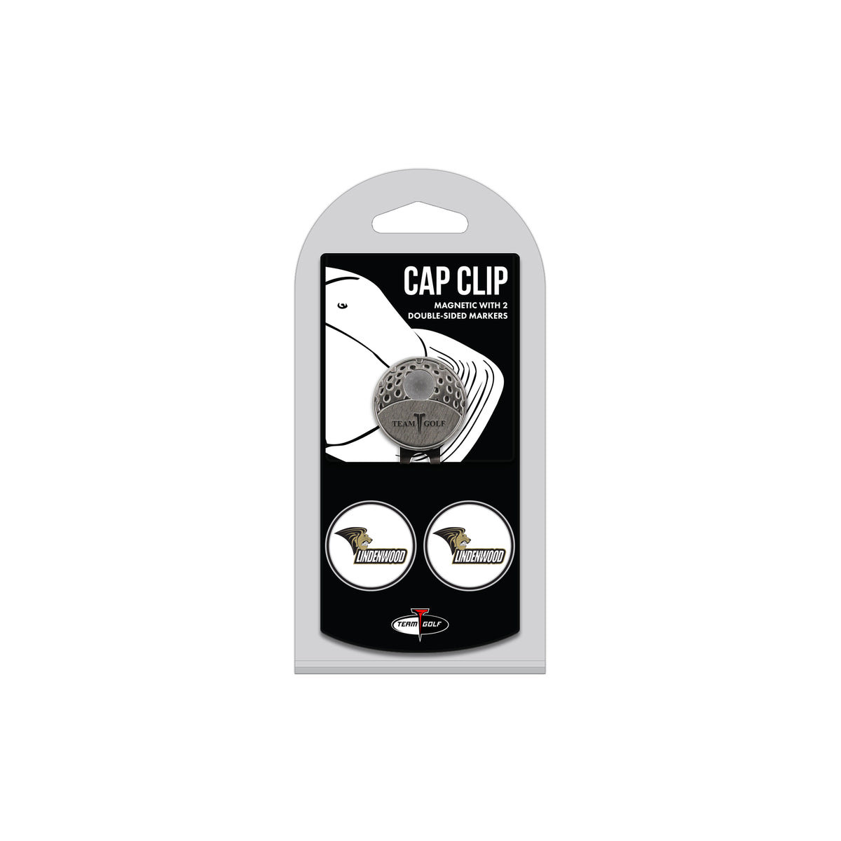 LINDENWOOD hat clip with two golf ball markers