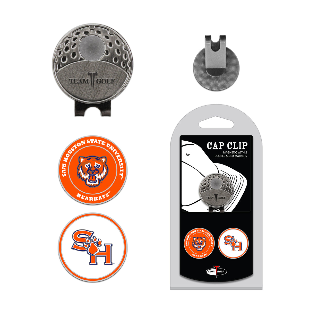 SAM HOUSTON ST hat clip with two golf ball markers
