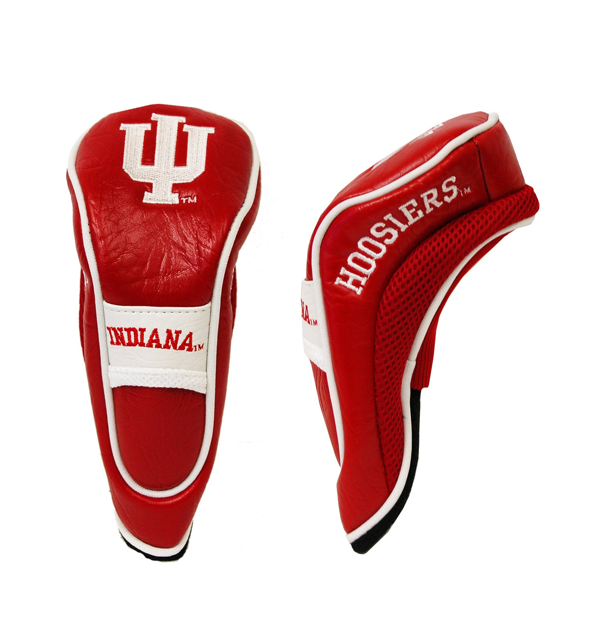 Indiana Hoosiers red and white hybrid golf headcover, shown from the front and side