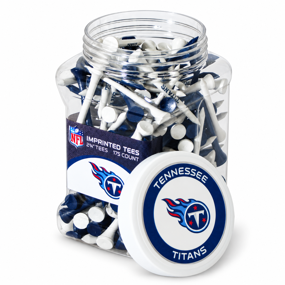 Close-up of the Tennessee Titans 175-count tee jar and separate lid.