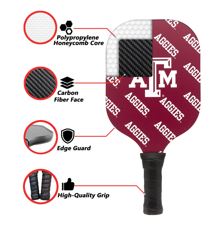 Texas A&M Aggies Pickleball Paddle | Carbon Fiber Face | 12mm Core - Club Rehab