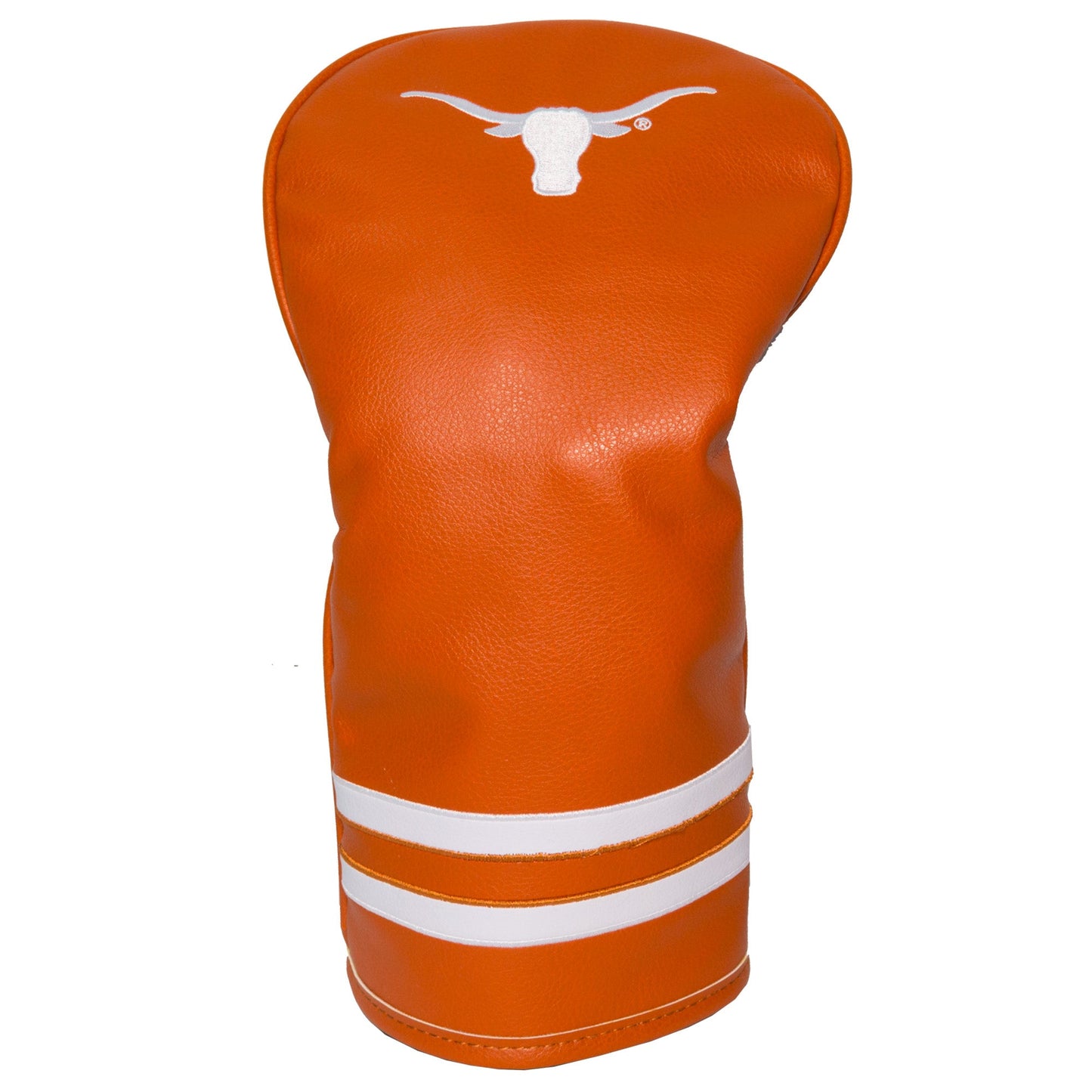 Orange golf club head cover with white logo on a white background